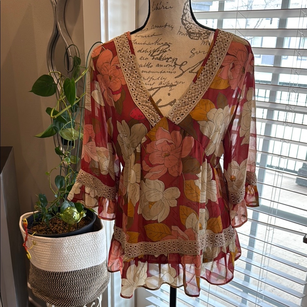 Floral V-Neck Ruffle Sleeve Top